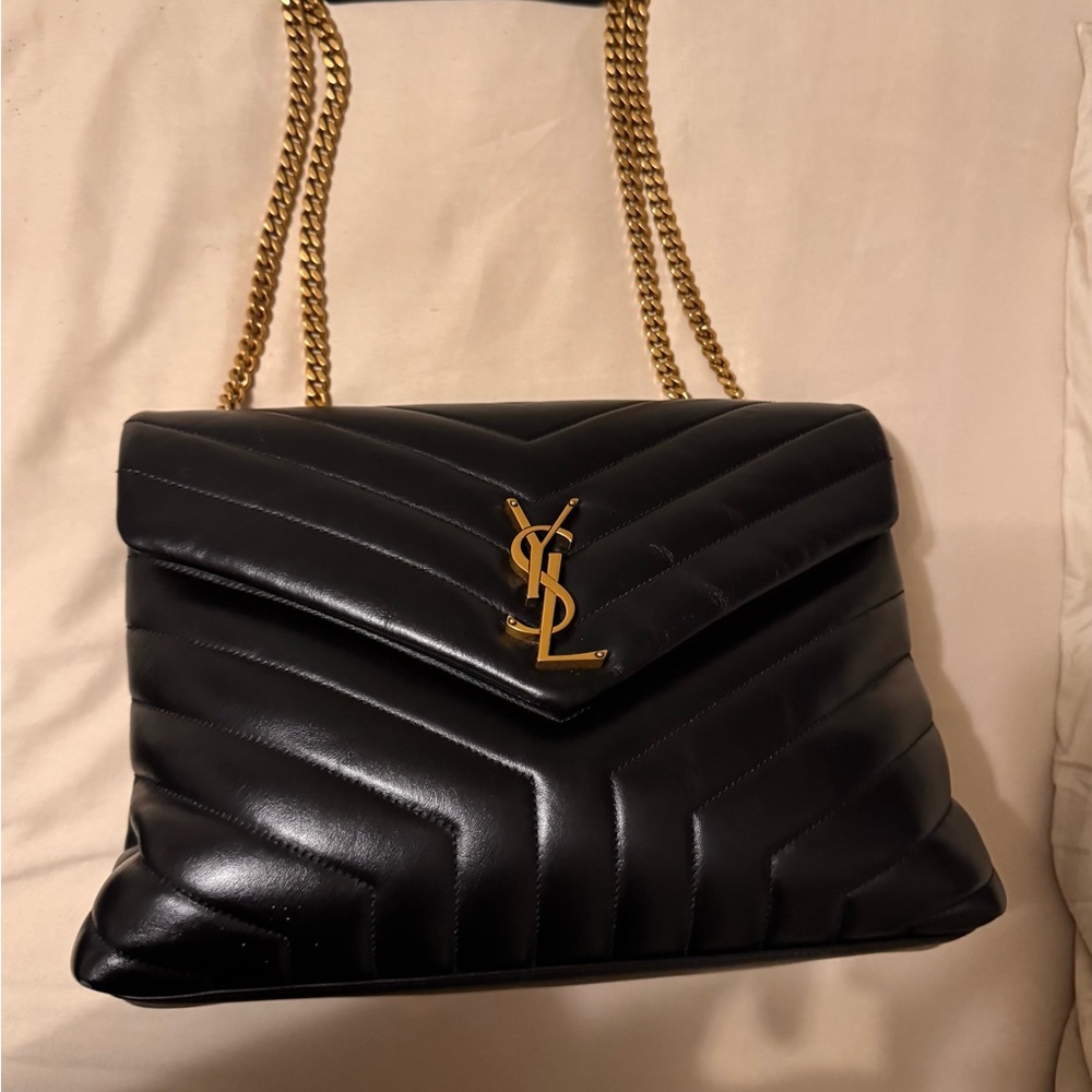 Yves Saint Laurent Black Loulou Medium Shoulder Bag with Gold Chain